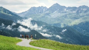 Ein Bergpfad mit Wanderern, umgeben von üppigen grünen Hügeln und fernen Berggipfeln.