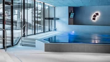 Indoor pool, outdoor pool, pool umbrellas, sun loungers