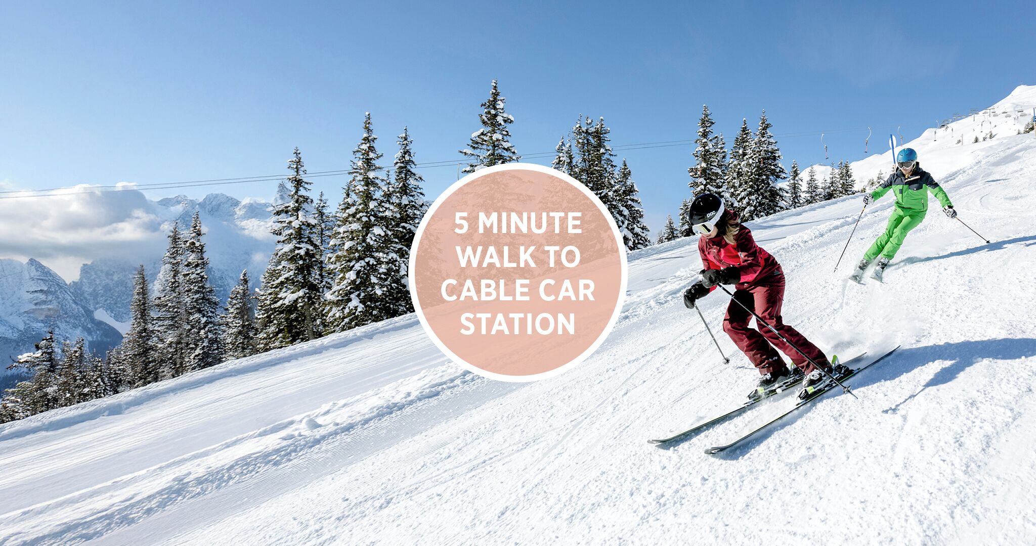 A snowy ski slope with a sign indicating a 5-minute walk to a cable car station.