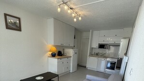 A compact living space with a sofa, a small table, a kitchenette, and a ceiling light fixture.