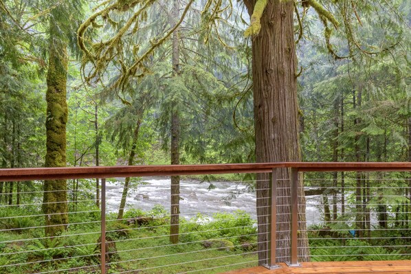 Une zone boisée avec une rivière, une terrasse en bois et une rambarde en métal.