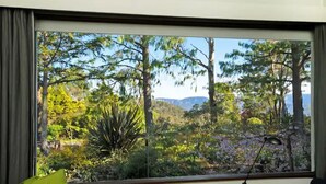 Ein Zimmer mit einem großen Fenster, das einen Blick auf eine bewaldete Landschaft mit Bäumen und einem Berg in der Ferne bietet.