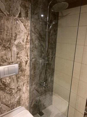 Shower, hydromassage showerhead, free toiletries, hair dryer