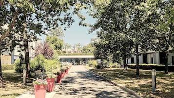 A pathway lined with trees and planters leading to a building with a sign that reads "Hotel."