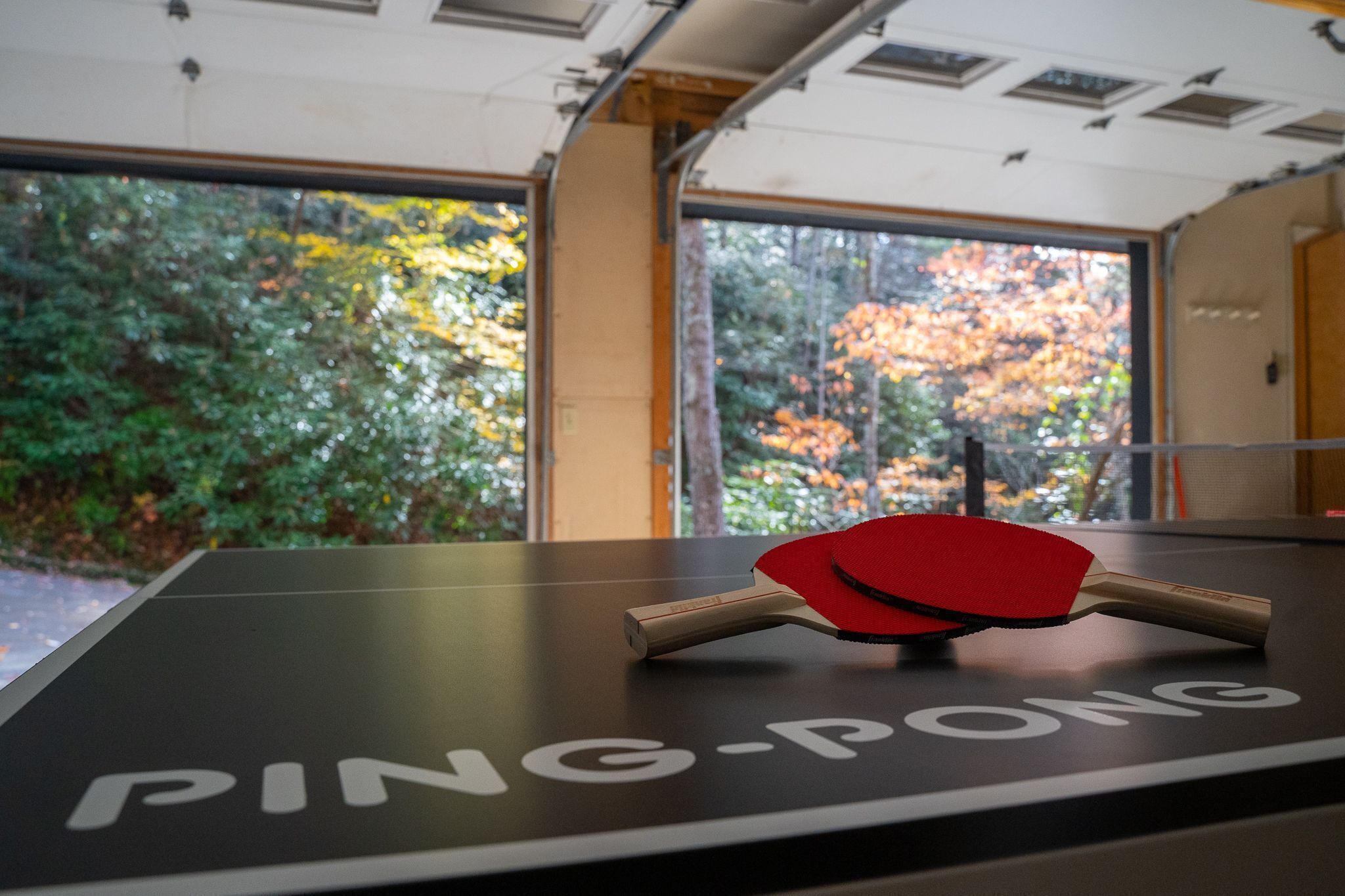A ping-pong table with the word "PING-PONG" on it, a red ping-pong paddle, and a view of trees through a window.