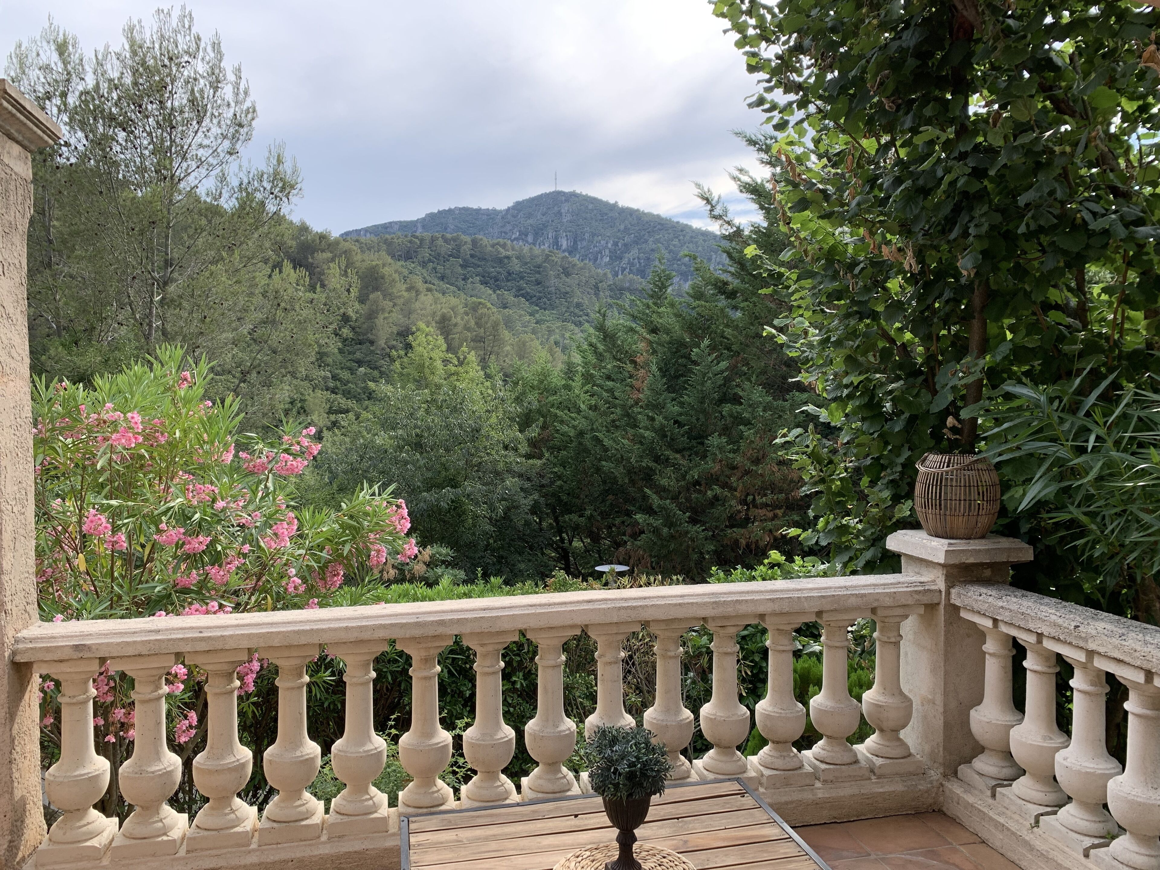 A balcony with a view of a mountainous landscape, a stone balustrade, and a potted plant.