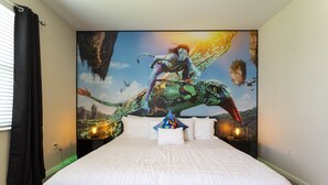 A bedroom with a large mural of a fantasy scene on the wall, a bed with white bedding, and a nightstand with a lamp. - Last Minute Disney Getaway! Private Pool & Themed Bedrooms. Book Now! #42647 (Orlando)