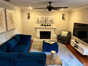 TV, fireplace, offices