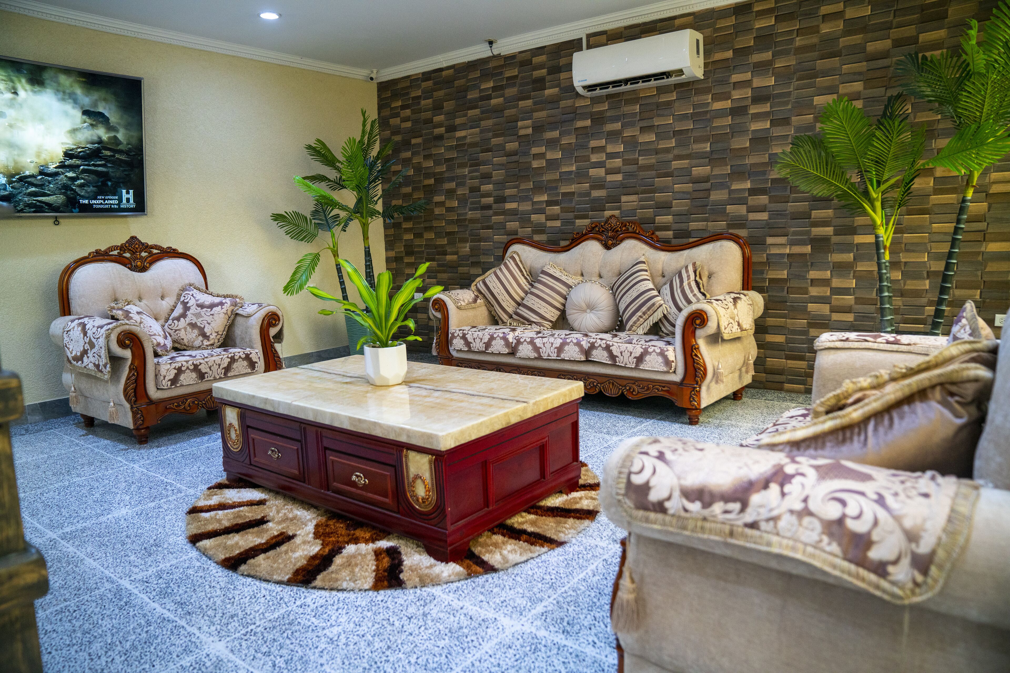 Un salon comprenant un canapé, une table basse et un tapis à motifs.