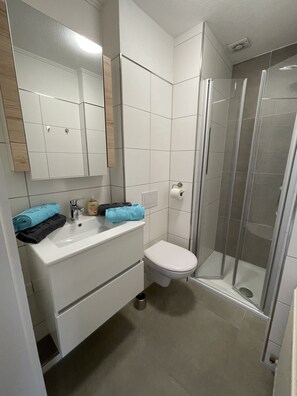Dusche, Haartrockner, Seife, Toilettenpapier