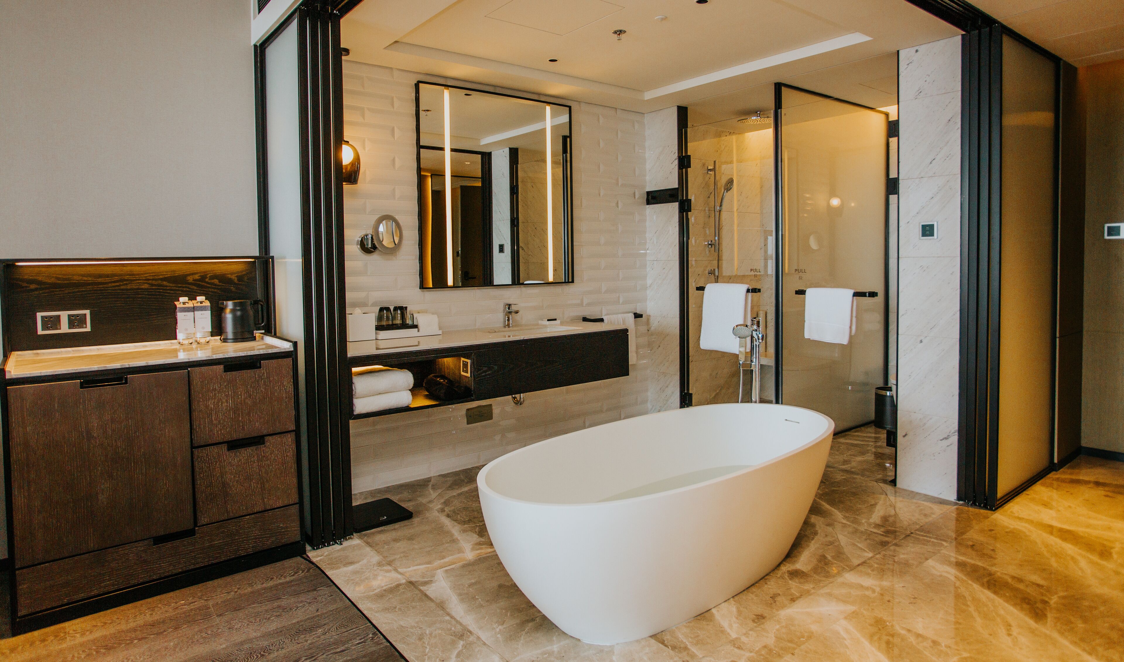 Shower, slippers, towels