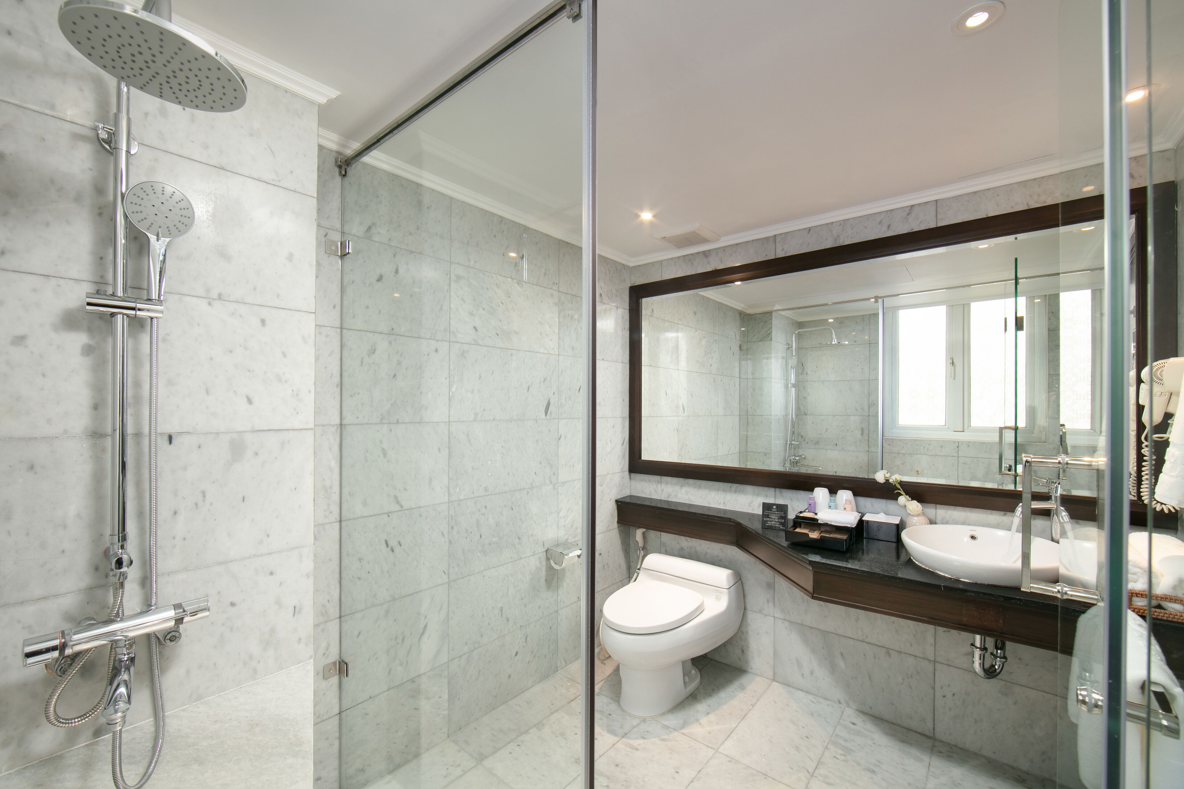 A modern bathroom with a glass-enclosed shower, a white toilet, and a large mirror above a sink.