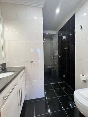 Combined shower/tub, towels