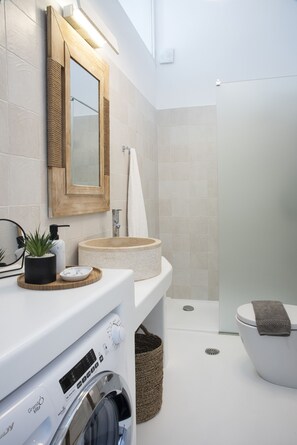 Shower, towels, toilet paper