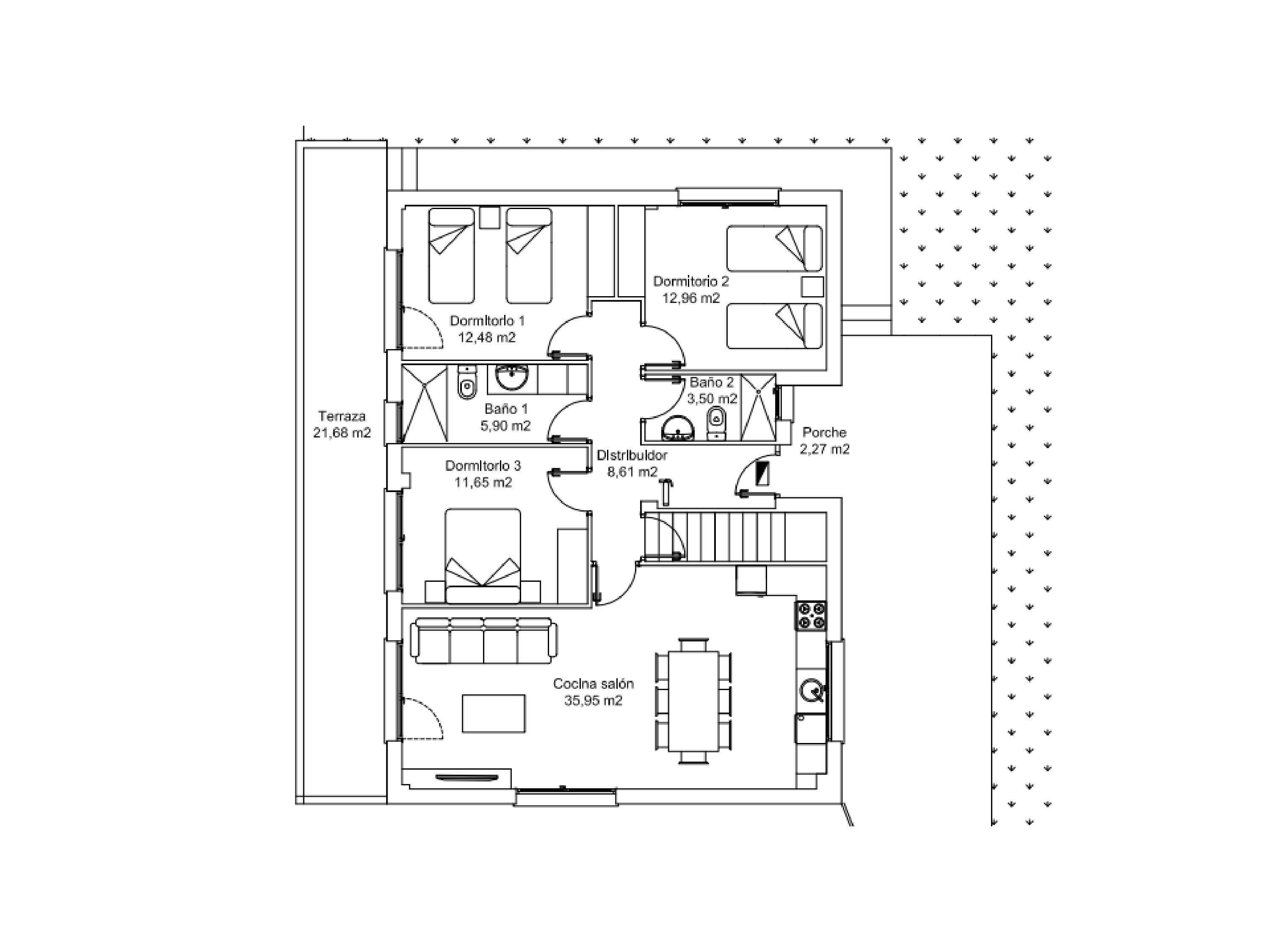 En plantegning af et hotel med tre soveværelser, to badeværelser, en opholdsstue, et køkken og en balkon.