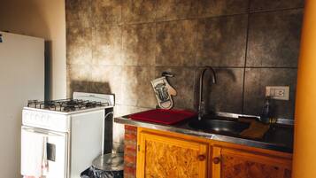 Fridge, oven, electric kettle, toaster