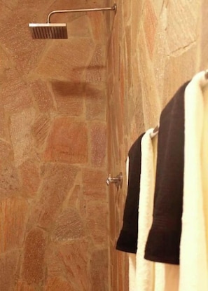 Shower, towels, soap, toilet paper