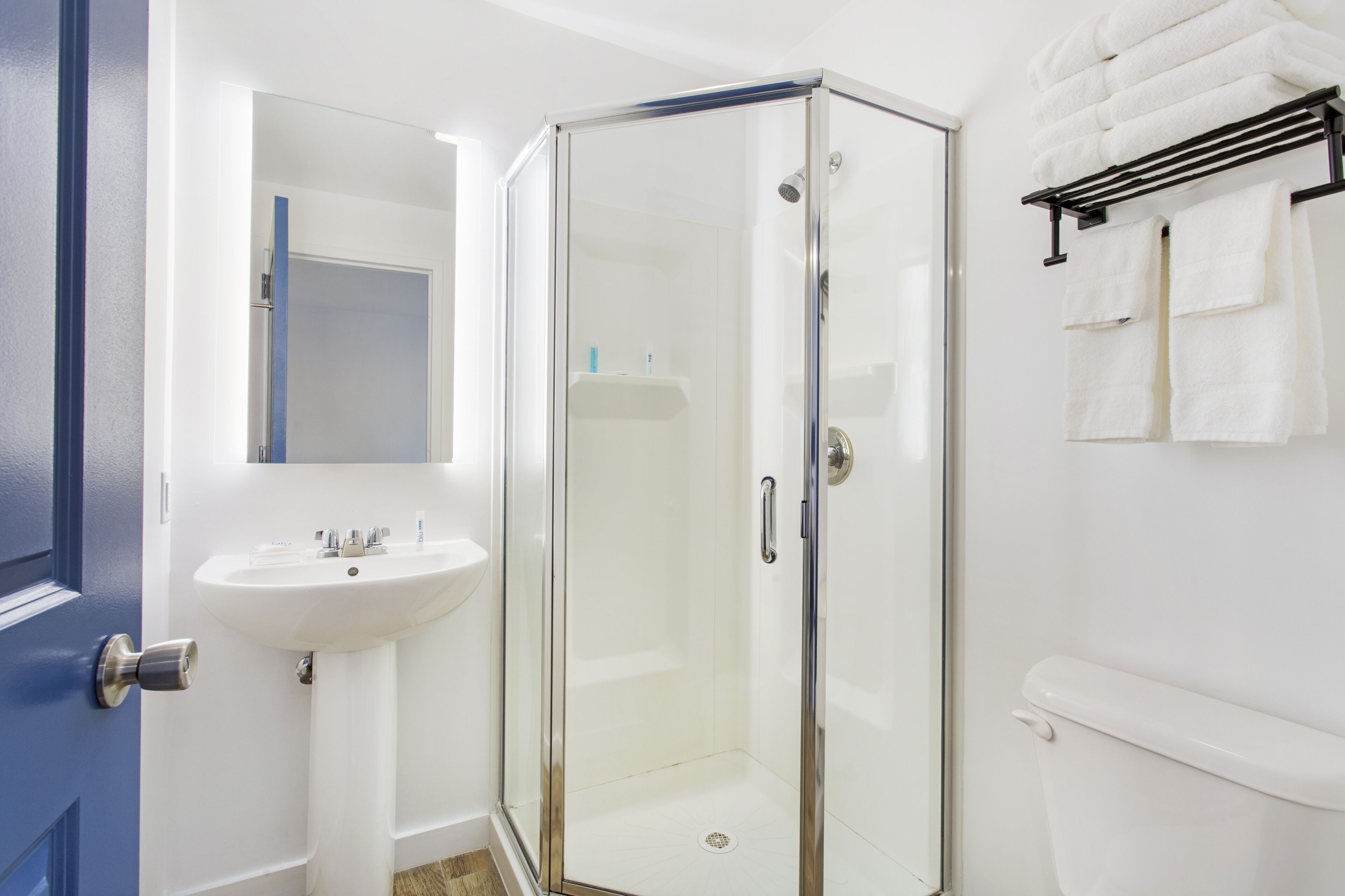 Un baño con cabina de ducha de vidrio, un lavabo blanco y un inodoro.