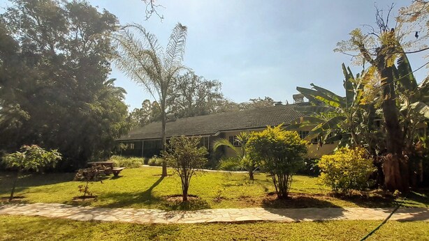 Una casa con techo de tejas, rodeada de un jardín cuidado con diversas plantas y un camino empedrado.