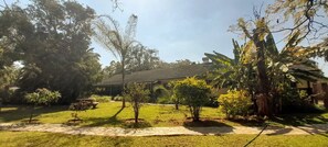 A house with a tiled roof, surrounded by a well-maintained garden with various plants and a paved pathway. - Zebras Dazzle B&B | Van Gogh twin-room (Chinhoyi)