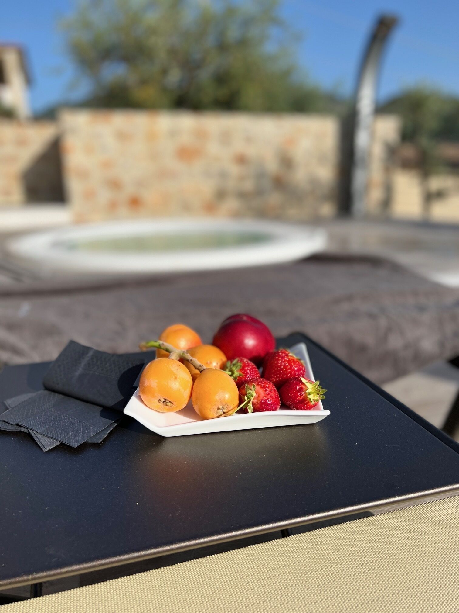 A table with a plate of fruit and a napkin.