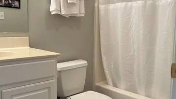 Combined shower/tub, hair dryer, towels, soap