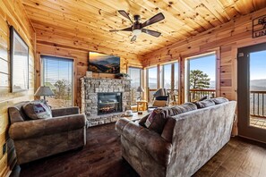 Smart TV, fireplace, video games, DVD player