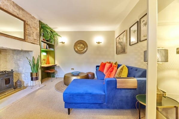 Smart TV, fireplace, DVD player, books