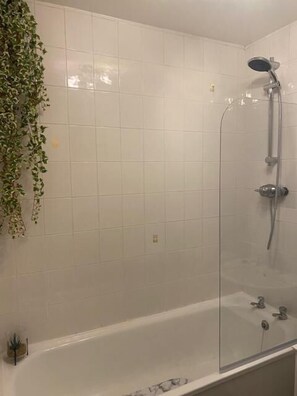 A bathroom with a glass-enclosed shower, white tiled walls, and a small potted plant on the left.