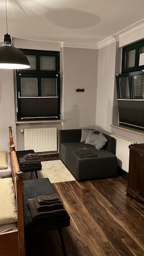 A modern living room with a grey sofa, wooden flooring, a black pendant light, and a radiator.