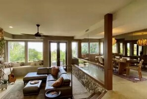 Smart TV, fireplace, books, printers