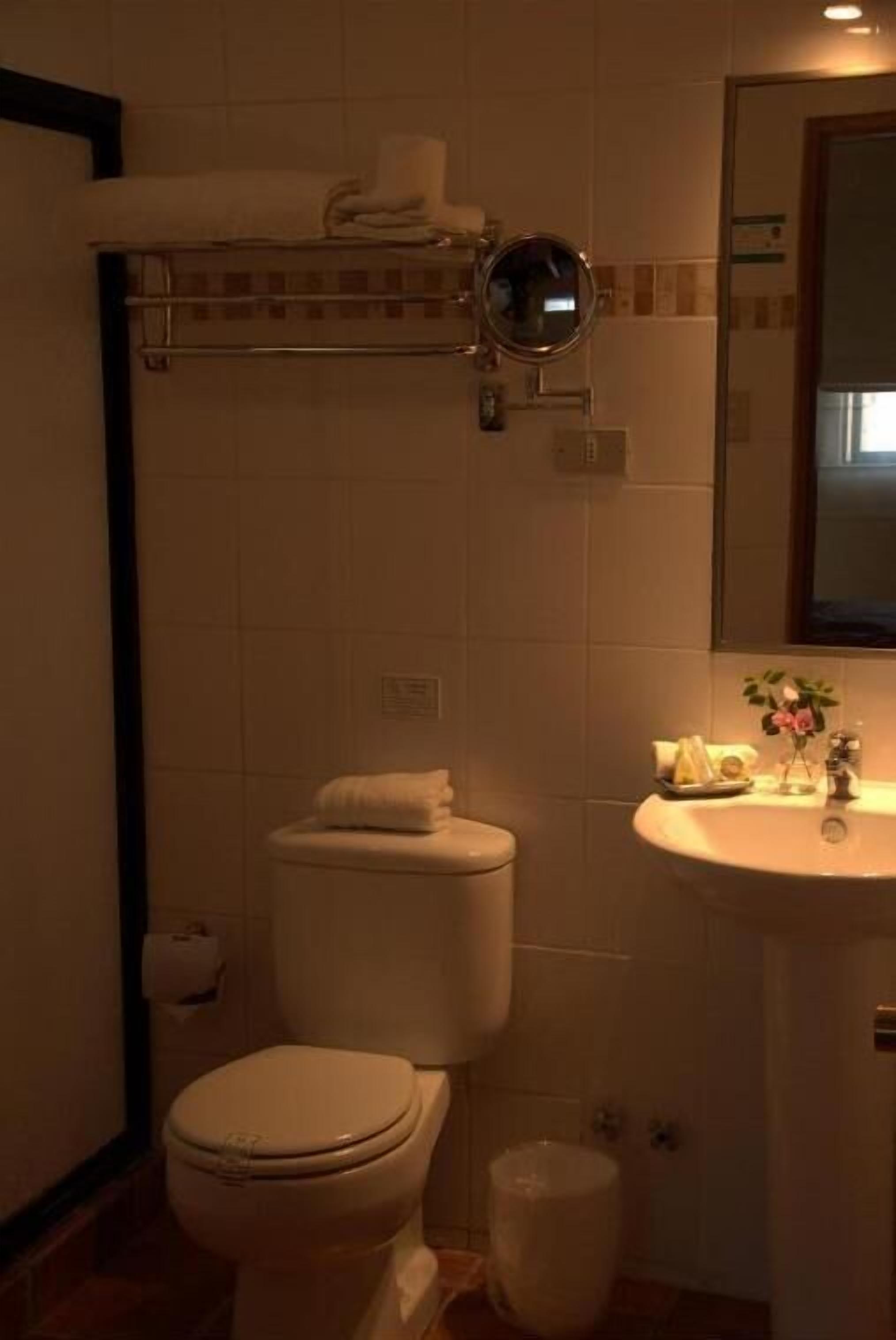 A bathroom with a toilet, sink, and a mirror above the sink.