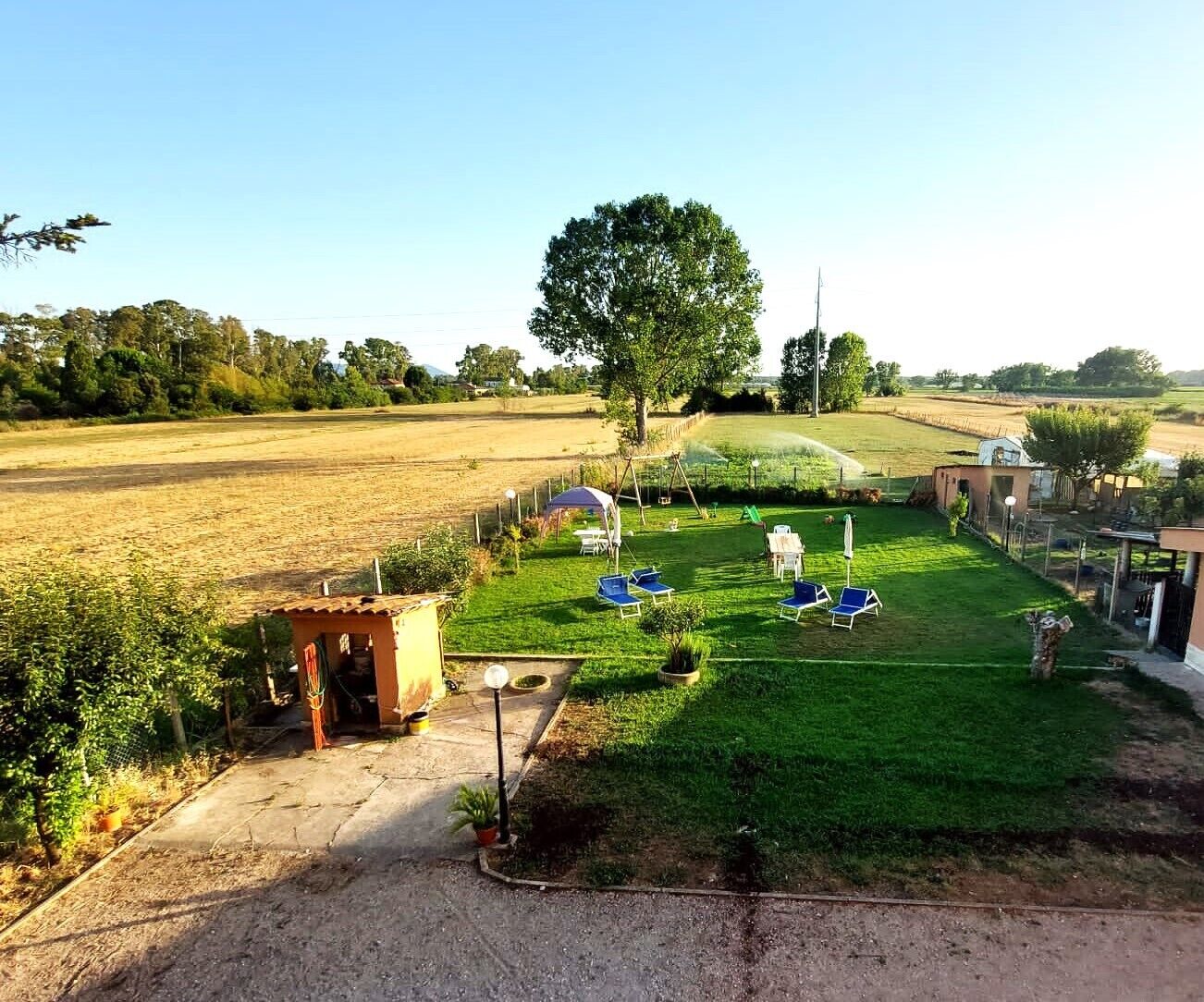 Une cour arrière clôturée avec une pelouse, un petit abri de jardin et quelques chaises longues.