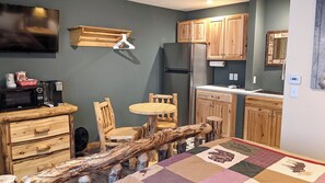 Fridge, microwave, coffee/tea maker, toaster