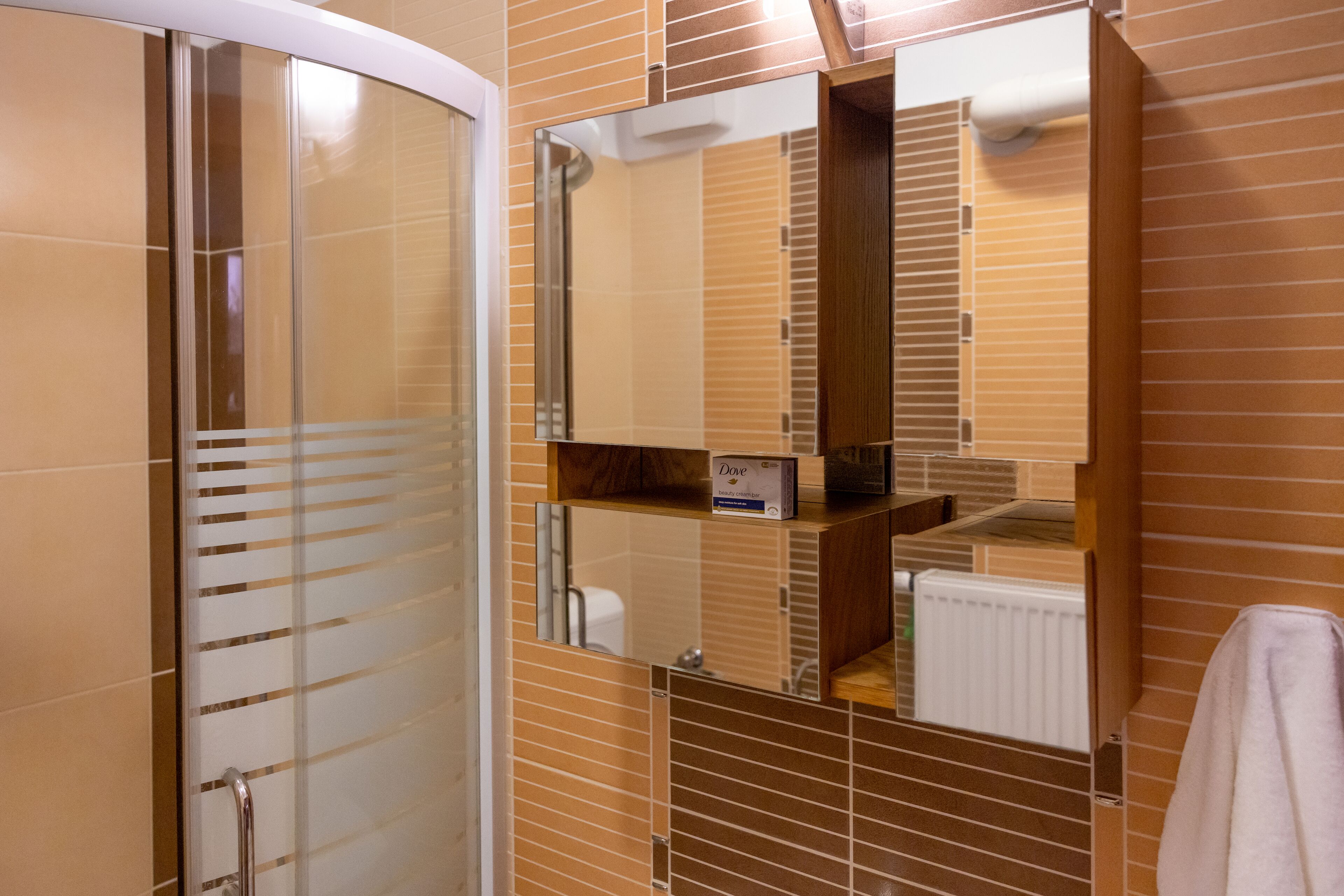 Dusj, hårføner, håndklær og såpe