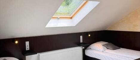 A small, modern bedroom with a sloped ceiling, a skylight, a white radiator, and two beds.