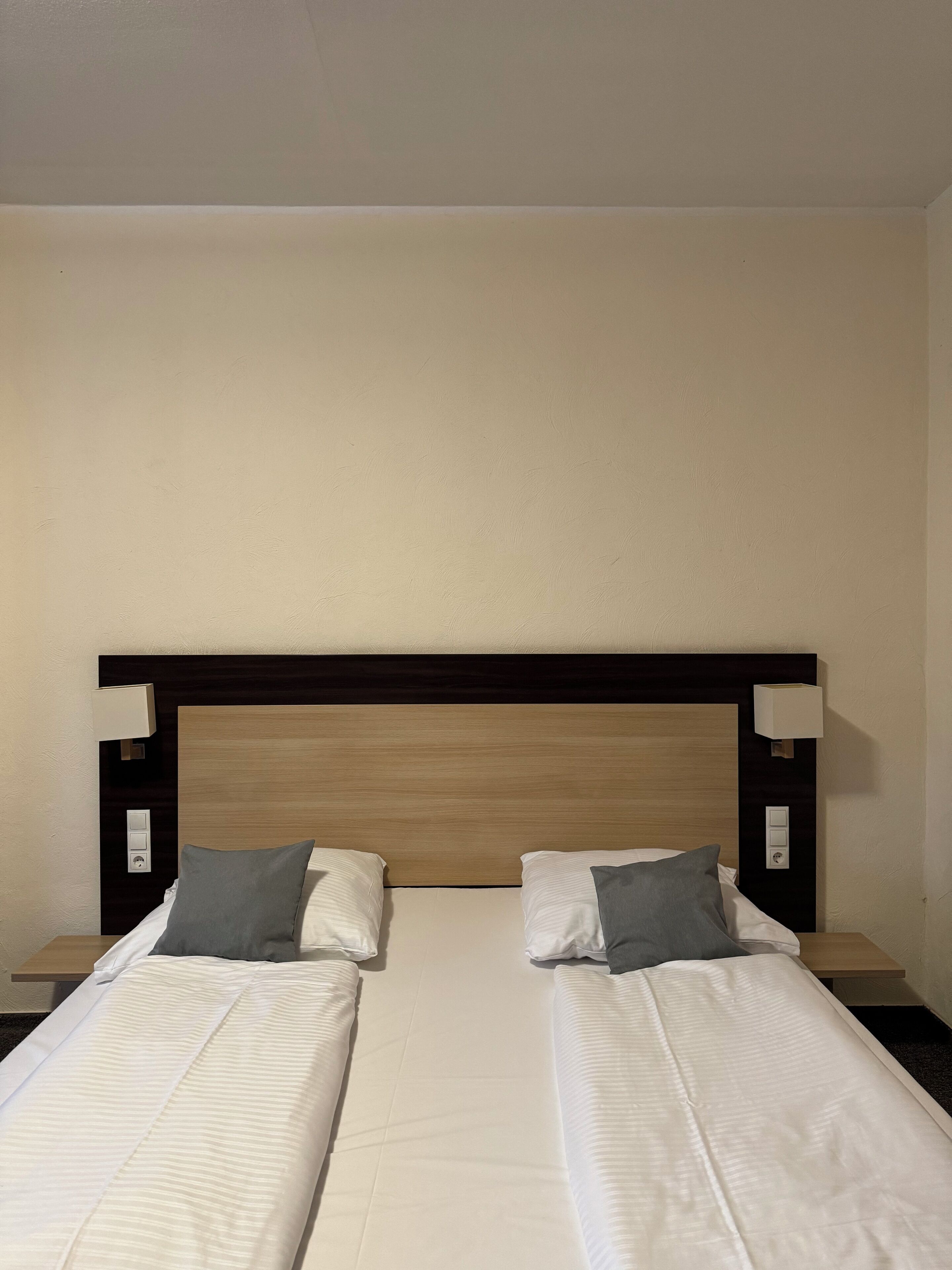 A double bed with a wooden headboard, two bedside tables with lamps, and a neutral-colored wall.