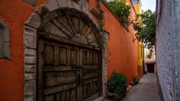Une ruelle étroite avec une grande porte en bois, des murs en pierre et une petite plante près de la porte.