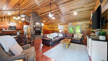 Smart TV, fireplace, books, stereo