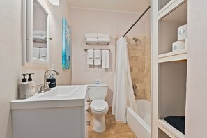 Combined shower/tub, hair dryer, soap, shampoo