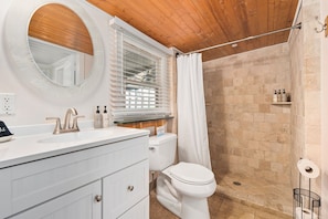 Shower, hair dryer, soap, shampoo