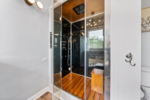 Combined shower/bathtub, hair dryer, towels