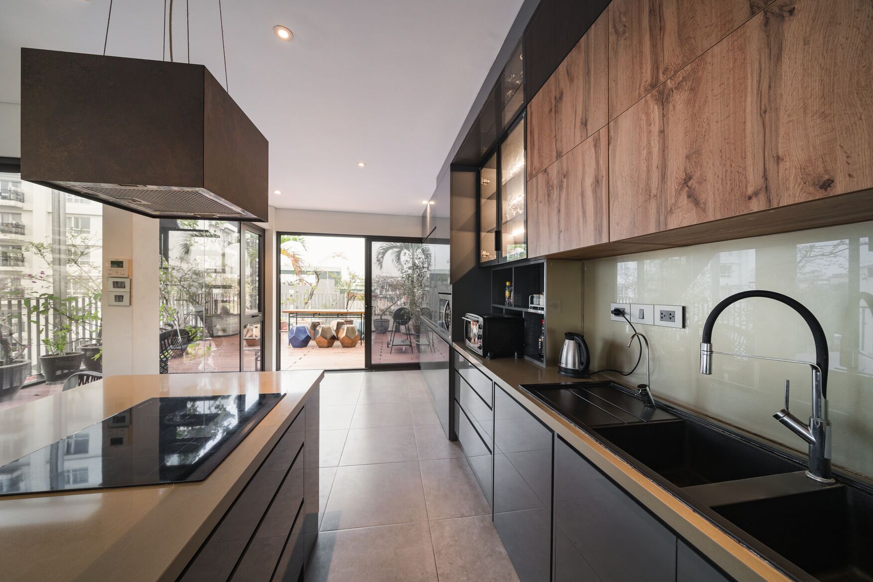 Fridge, microwave, electric kettle, toaster