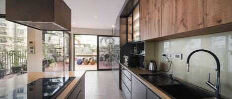 Fridge, microwave, electric kettle, toaster