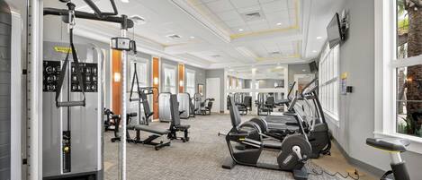 A gym with various exercise machines, a mirrored wall, and a window with a view of greenery.