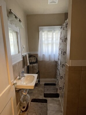 Duschwanne, Haartrockner, Handtücher, Seife