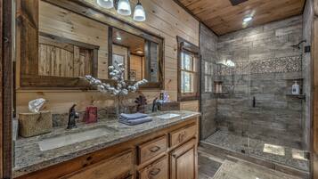 Combined shower/tub, hair dryer, towels, soap