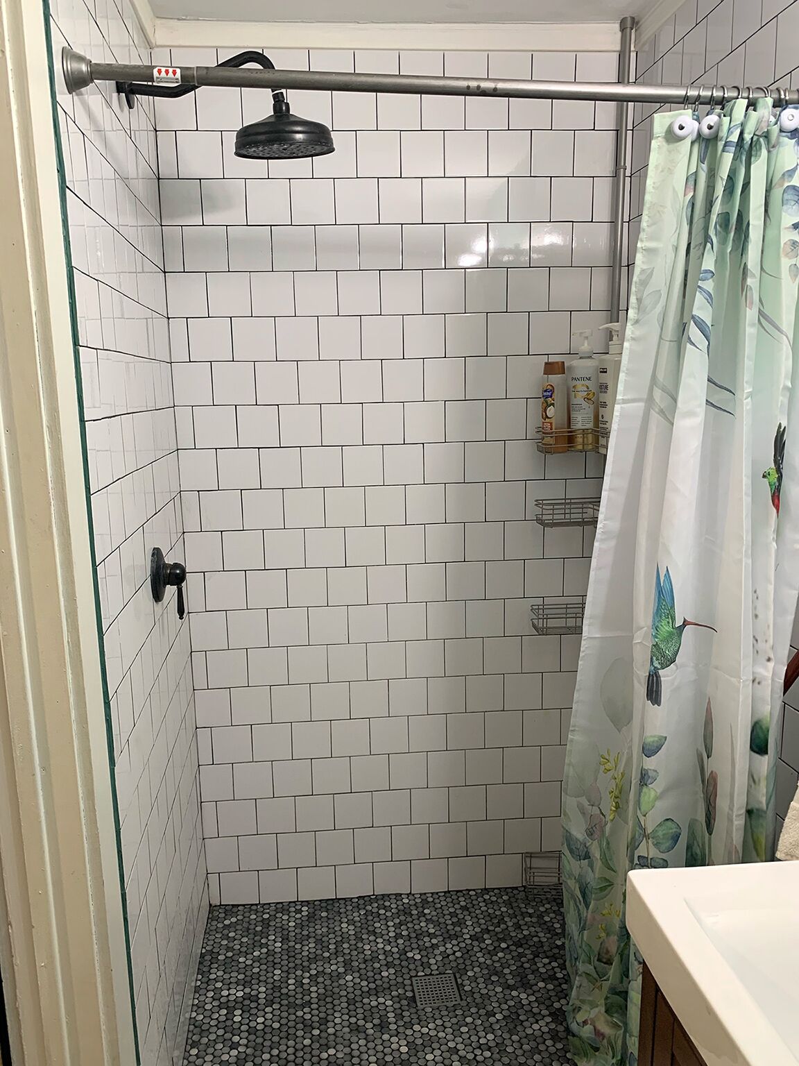 A shower with white tiled walls, a showerhead, a glass door, and a shower curtain with a bird pattern.