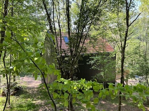 Ein bewaldetes Gebiet mit einer Holzhütte, möglicherweise eine Kate oder ein Schuppen, umgeben von Bäumen und einem Feldweg.