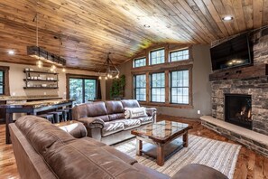 Smart-tv, eldstad, dvd-spelare och böcker